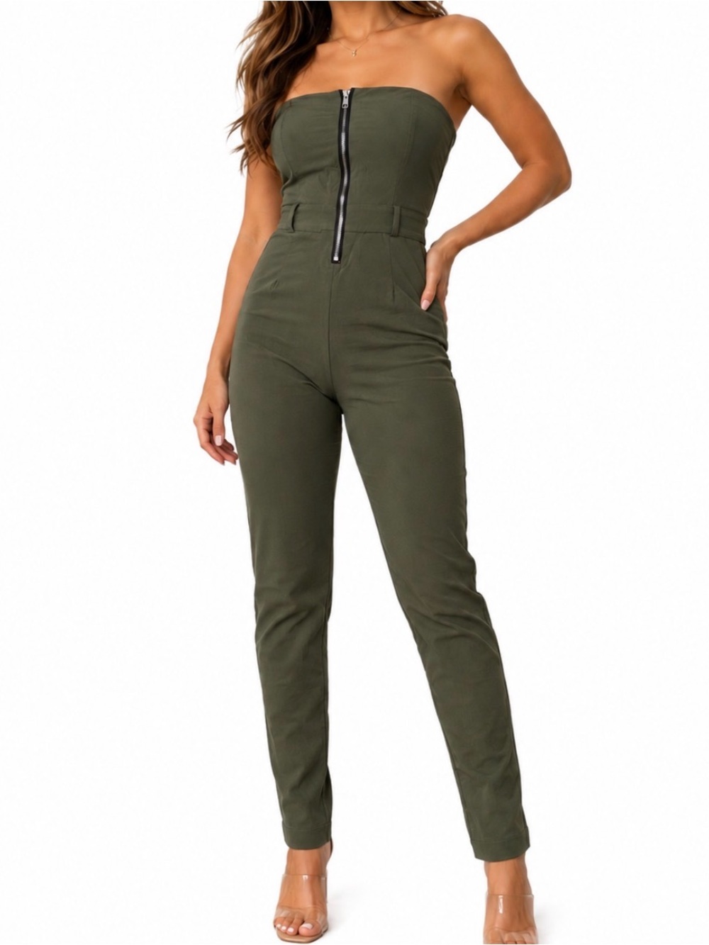 Windsor Strapless Olive High-Waist utility Jumpsuit with Front Zip SZ XS stretch
